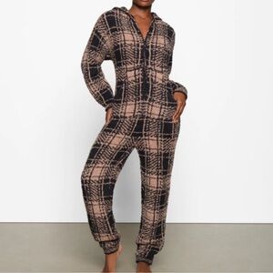 Skims Womens cozy knit one piece jumpsuit gingham plaid brown black size medium